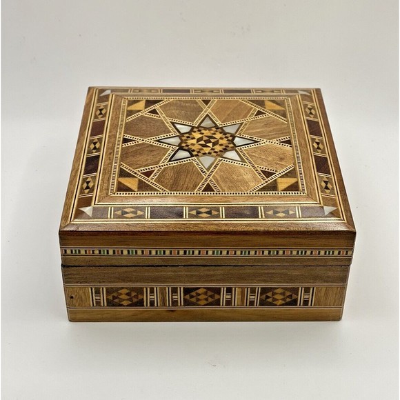 Syrian Handmade Wooden Trinket Jewelry Box 4.25 Inches Used - Picture 1 of 10